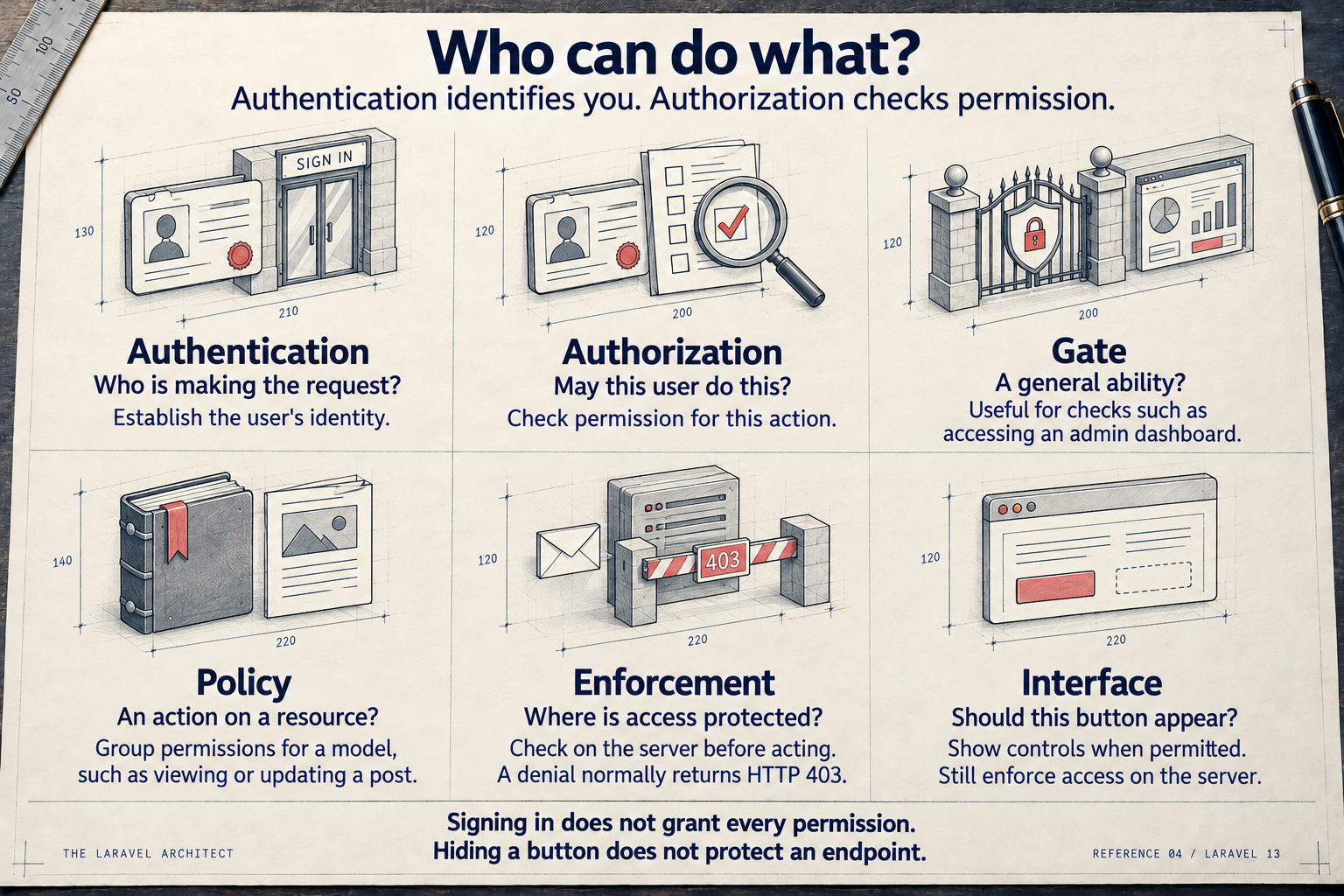 Six illustrated concepts on drafting paper: Authentication establishes identity; Authorization checks permission for an action; Gate covers general abilities such as admin-dashboard access; Policy groups model or resource permissions; Enforcement checks permission on the server and normally denies with HTTP 403; Interface shows permitted controls while retaining server-side checks. Notes explain that signing in does not grant every permission and hiding a button does not protect an endpoint.