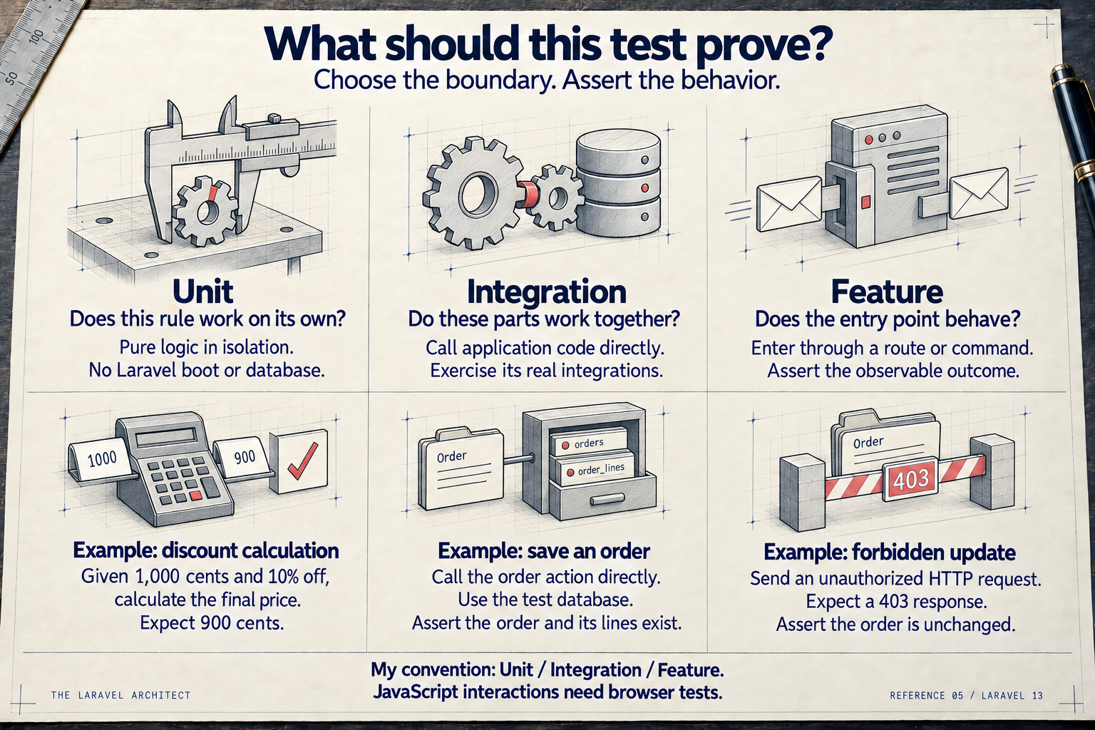 Three columns compare Unit, Integration and Feature tests. Unit tests prove a pure rule: a ten-percent discount on 1000 cents produces 900 cents. Integration tests call an order action with a test database and verify the order and its lines exist. Feature tests send a forbidden update request and verify both a 403 response and an unchanged order. Notes label the three suites as a personal convention and direct JavaScript interactions to browser tests.