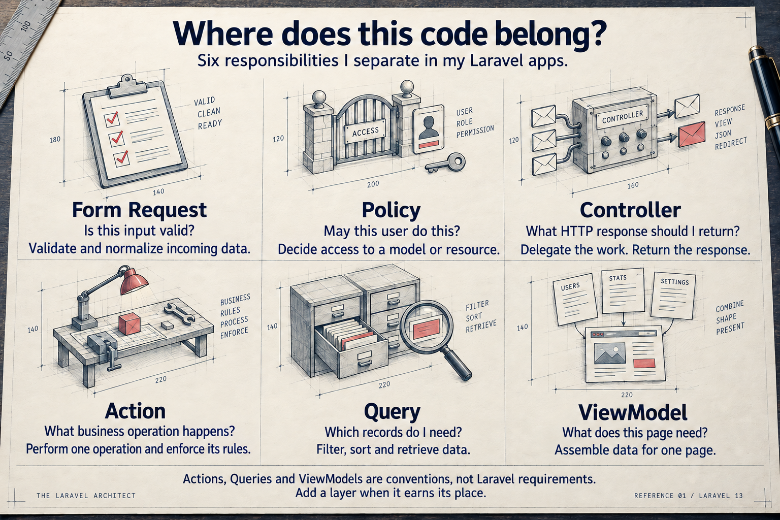 Six illustrated responsibilities: Form Request validates and normalizes input; Policy decides access; Controller delegates work and returns a response; Action performs a business operation and enforces its rules; Query retrieves records; ViewModel assembles page data.